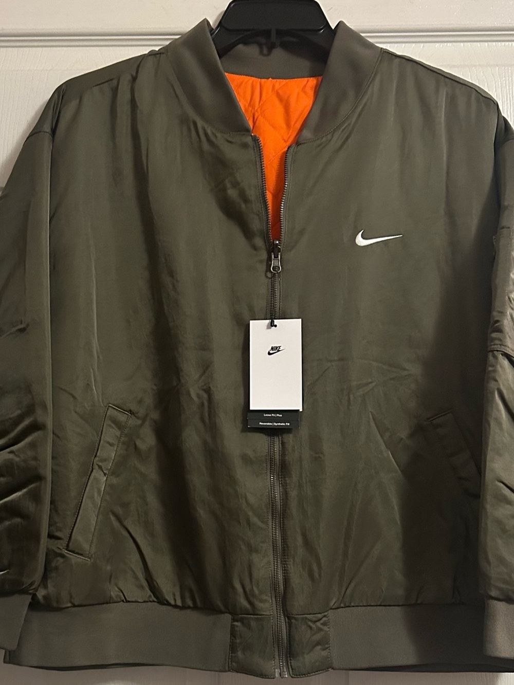 Nike Olive Green Bomber Jacket with Orange Quilted Lining
